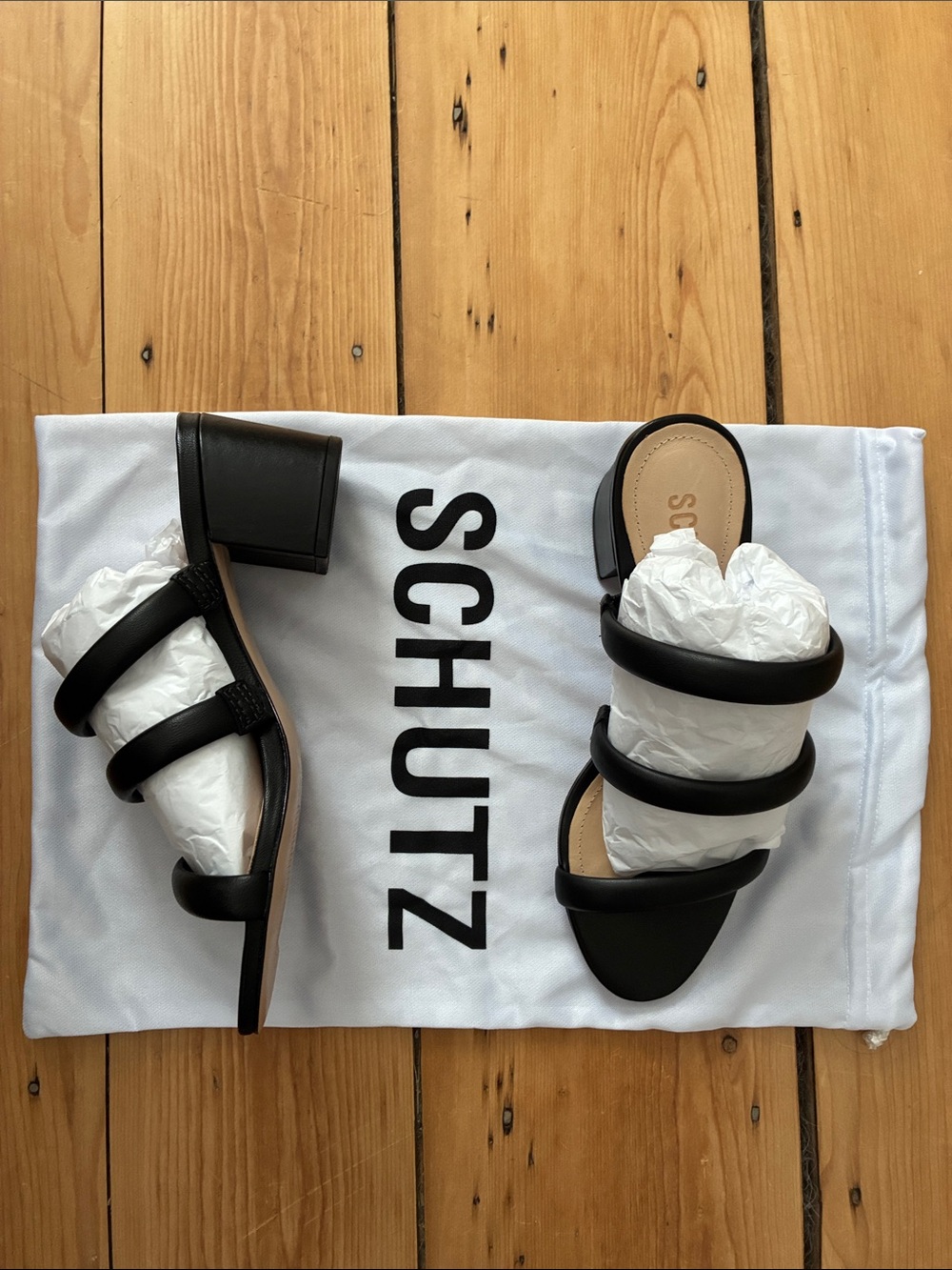 SCHUTZ Black Triple-Strap Block Heel Sandals